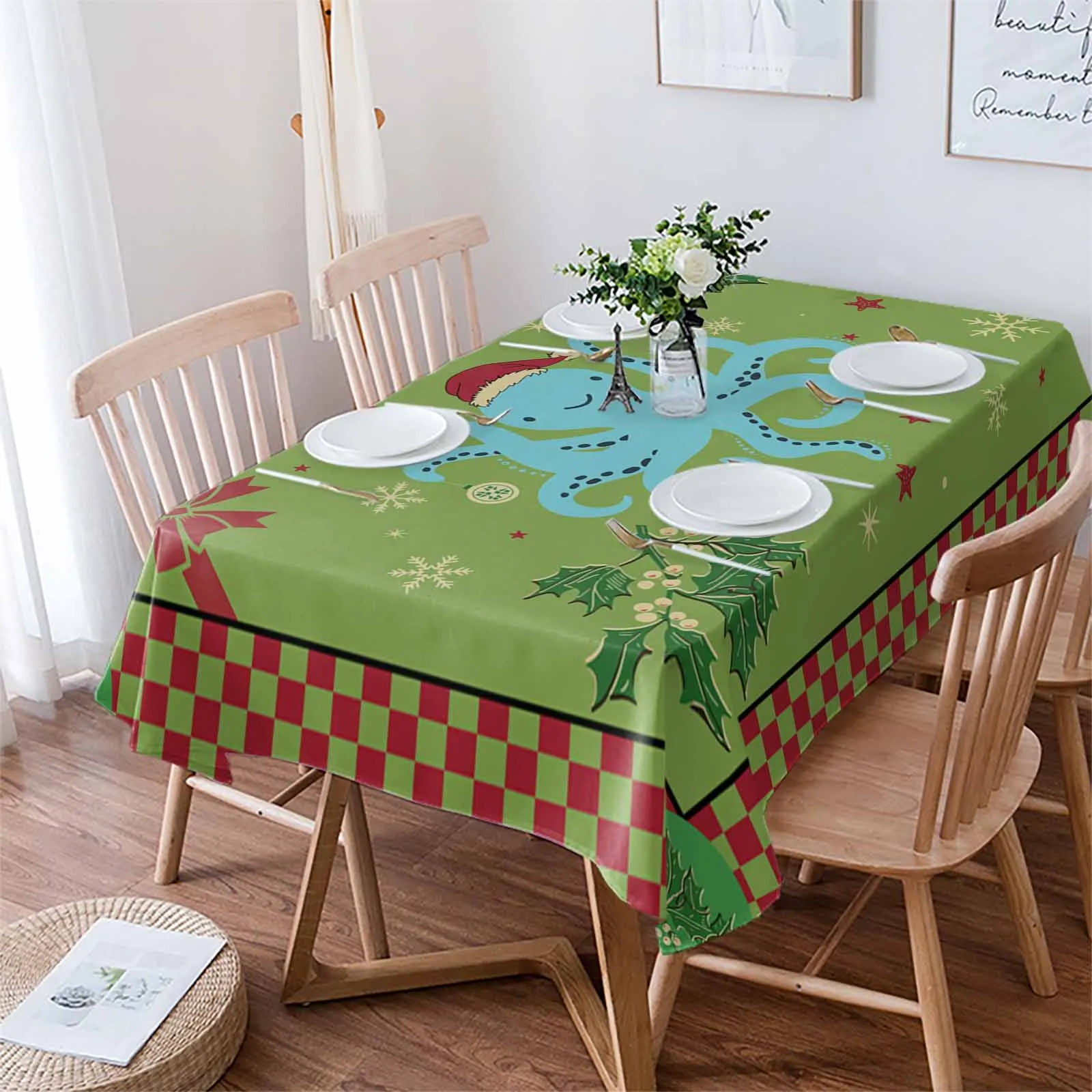 Christmas Octopus Grid  Tablecloth Waterproof Dining Table Rectangular Round Table Cover Home Kitchen Decoration