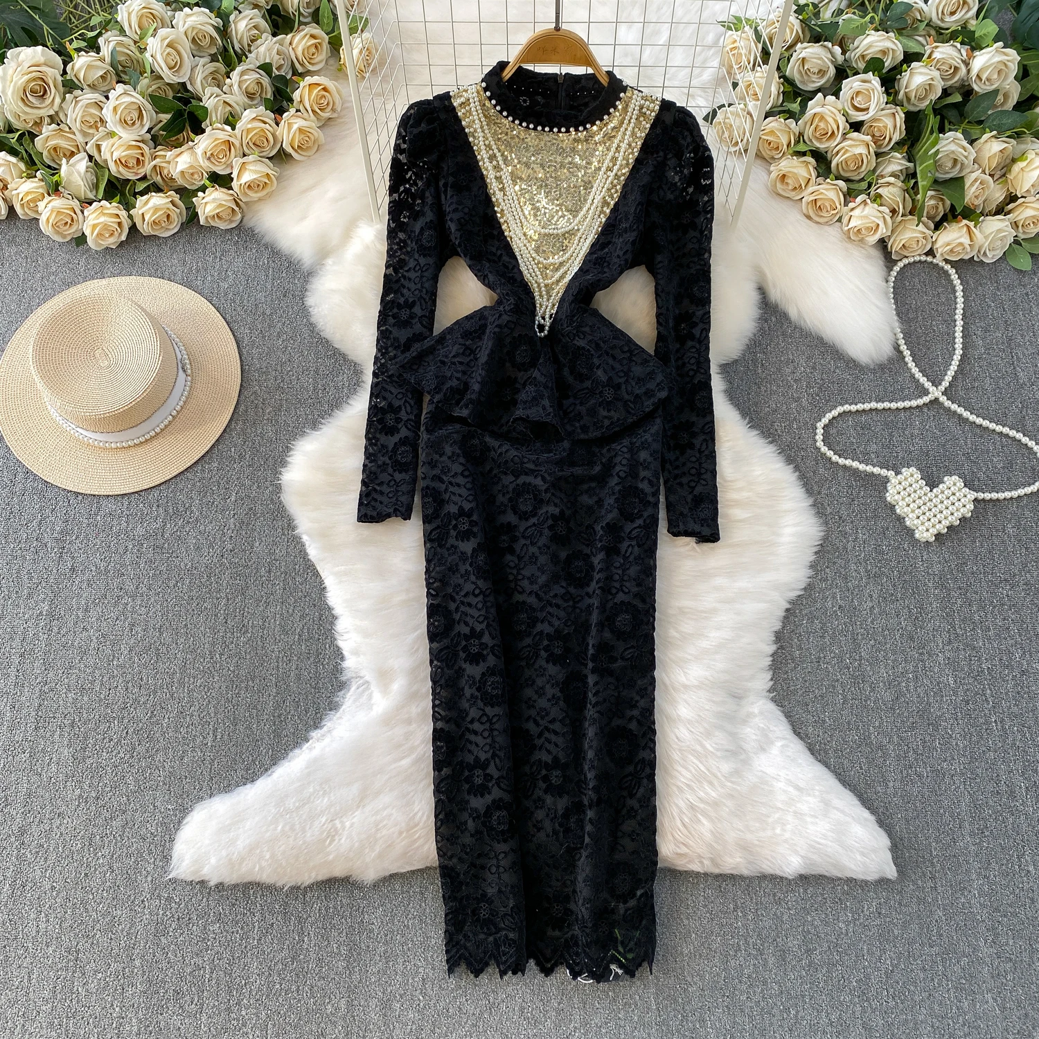 Summer Autumn Long Sleeve Bodycon Midi Lace Dress Women Logn Dresses Chinese Cheongsam Embroidery Sheath Party Vestidos Female