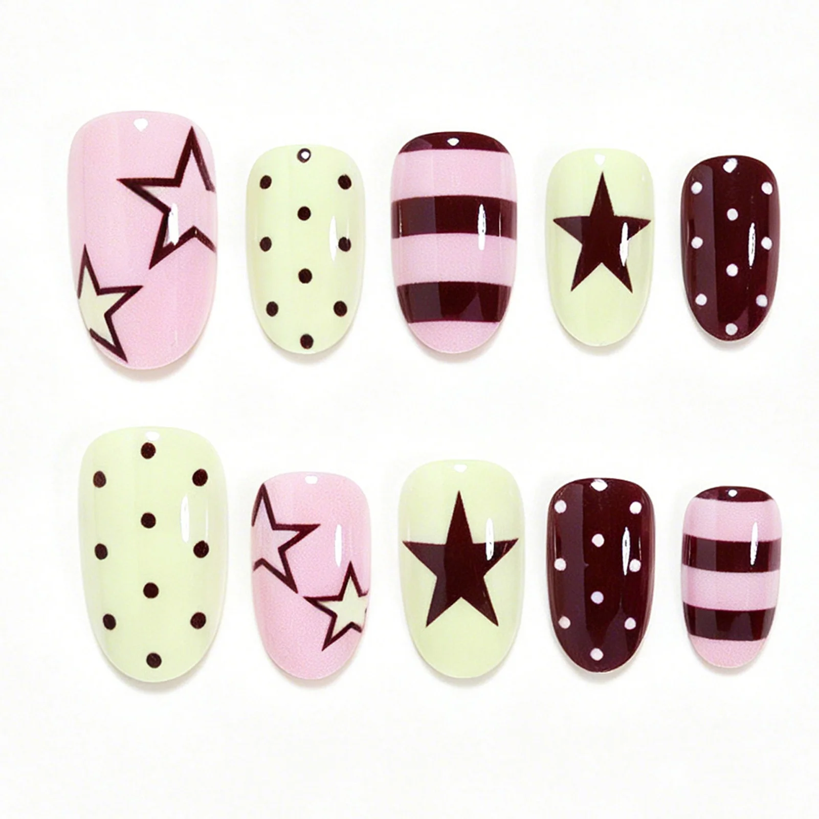 Almond Nails Press on for Women Party Fashion Polka Dot Pink Brown Striped Fake Nails Star Decor Y2K Girls DIY Nails Art 24Pcs