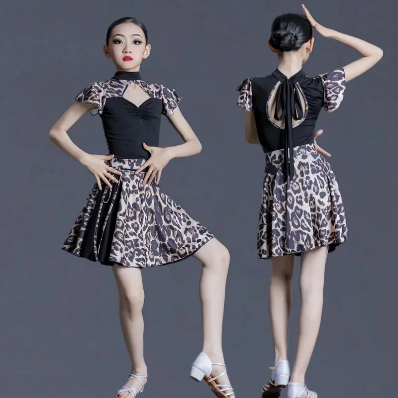 Sexy Latin Dance Costume For Girls Ballroom Salsa Tango Top Skirts Kids Children Leopard Latin Dance Split Dress Leotard Skirt