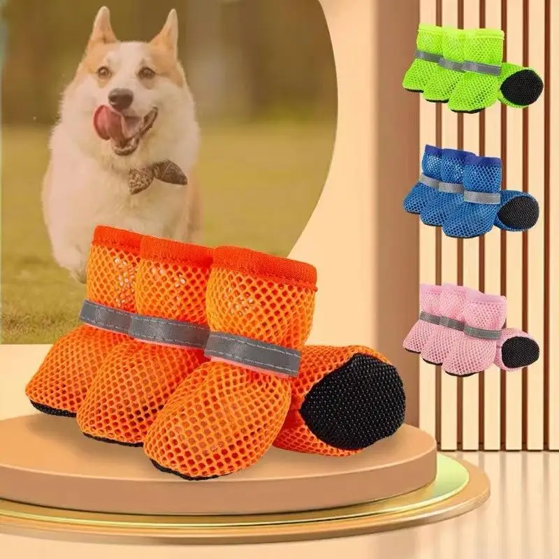 4pcs/set Summer Breathable Mesh Pet Shoes Soft Sole Adjustable Puppy Paw Boots Anti-Fall Off Small Dog Cat Foot Cover