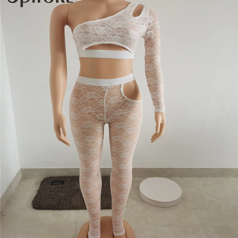 Spifore Sexy Lace Two Piece Set Women One Shoulder Crop Top Cut Out See Through High Waist Pants Night Club Party Matching Suits