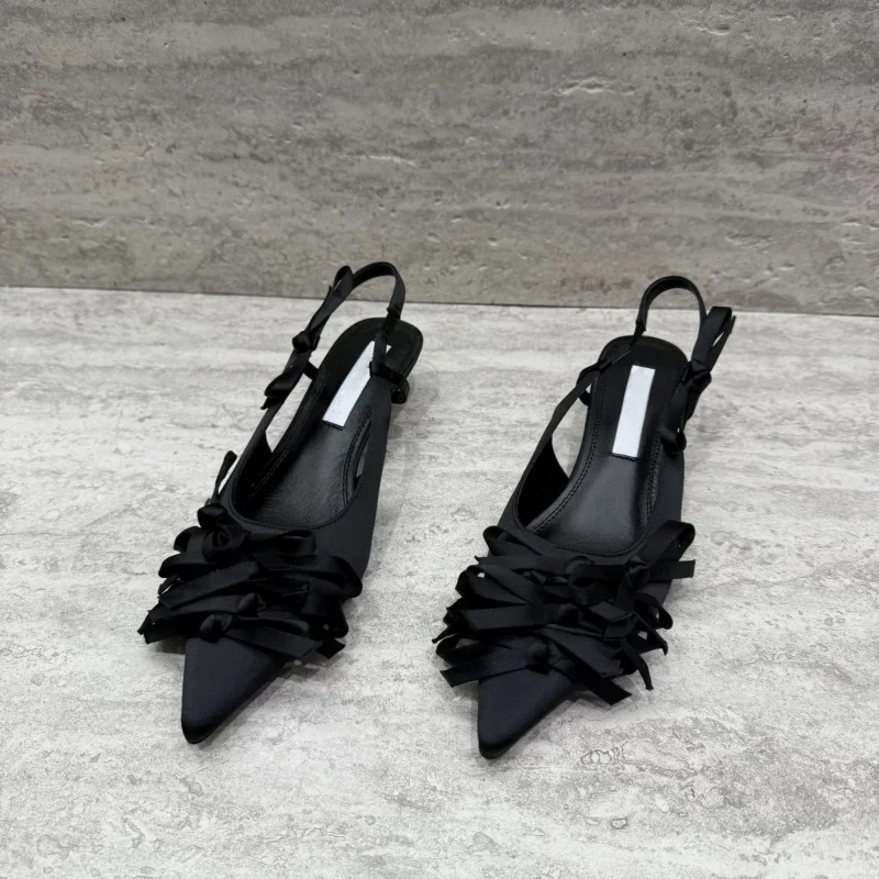 

Summer Shoes Satin Bowtie Womens Sandals Elegant Hollow Back Footwear Pointed Toe Female Flats