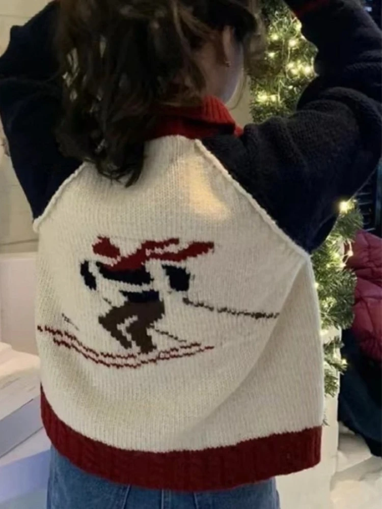 

Корейский модный кардиган с воротником-стойкой и карманами на молнии, жаккардовые свитера контрастного цвета, дизайн, универсальные вязаные топы, женская одежда