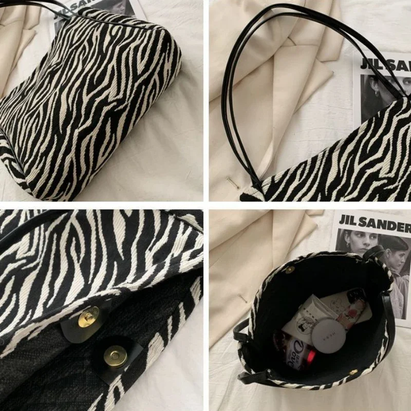 Zebra Canvas Shoulder Bags Women Vintage Harajuku Large Capacity Underarm Totes Hasp Casual All-match Сумка Женская Commuter