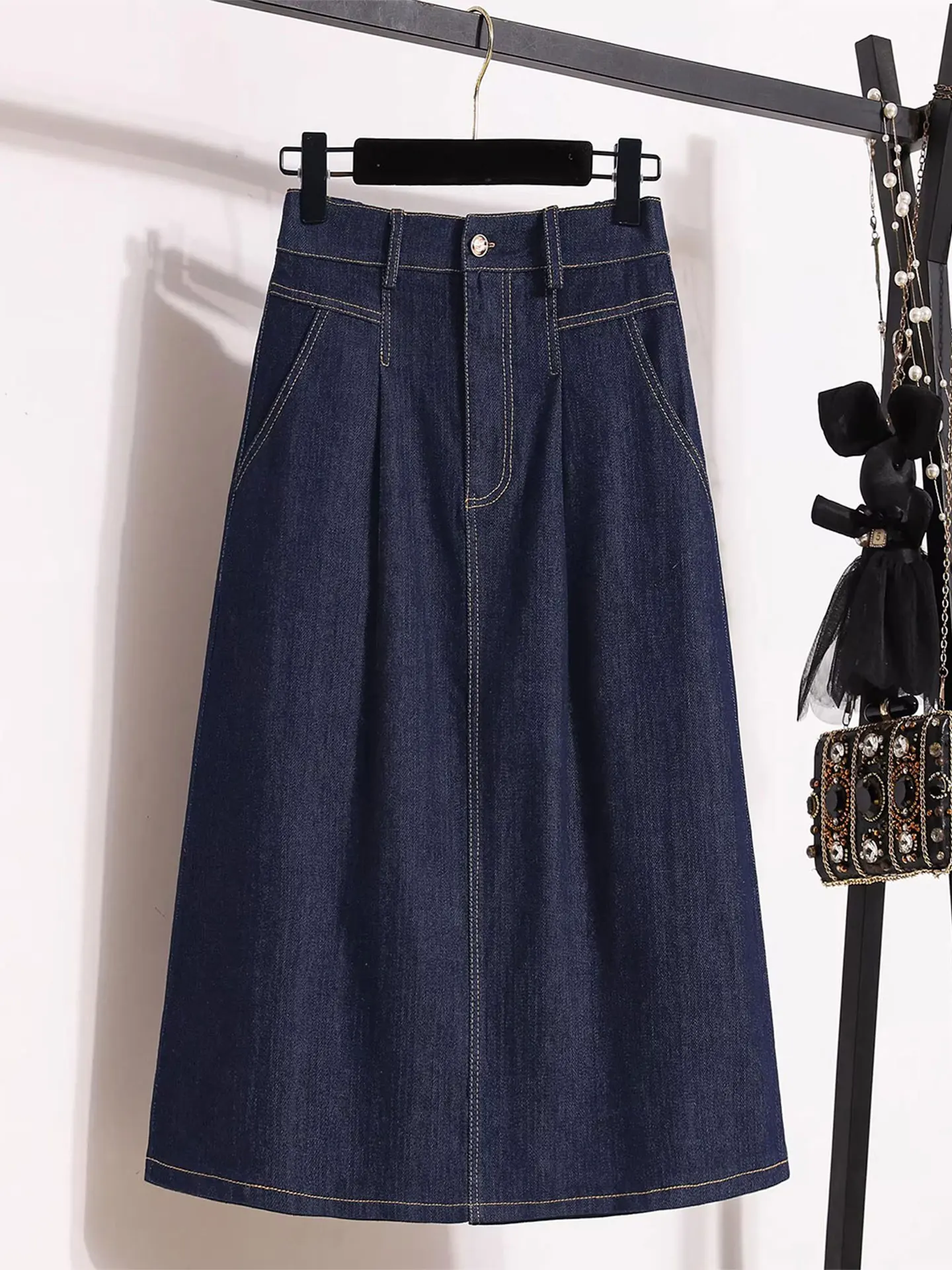 

Джинсовая юбка А-силуэта Deep Blue для женщин больших размеров, весна 2026, с высокой талией, повседневная, свободного кроя, средней длины, расклешенная