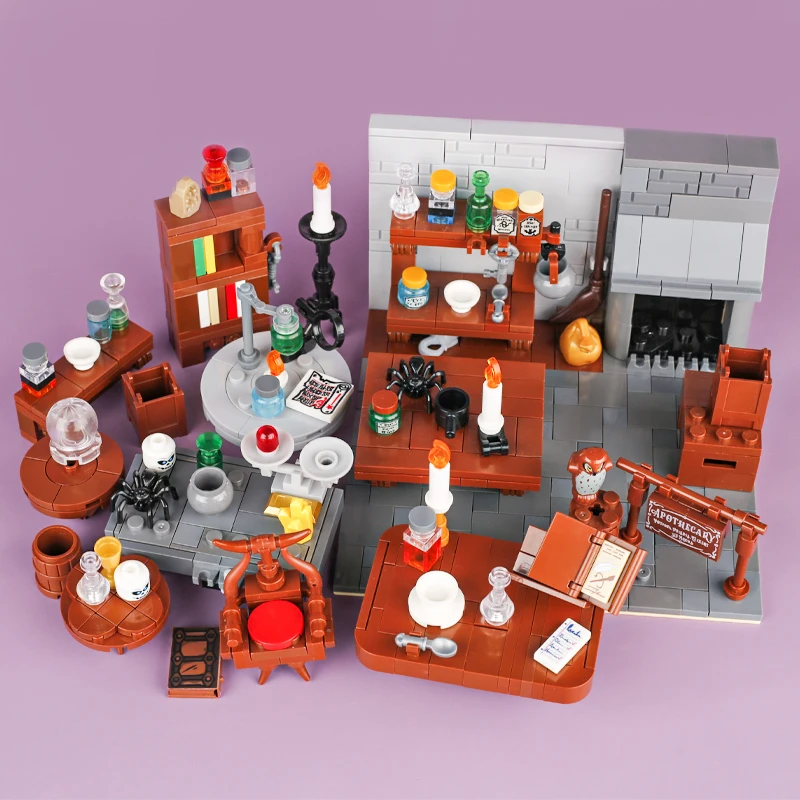 MOC Alchemist Room Furniture Building Blocks Medieval Pharmacist Workbench Workroom Alchemy Book Potion Jar Tank Bricks Toys