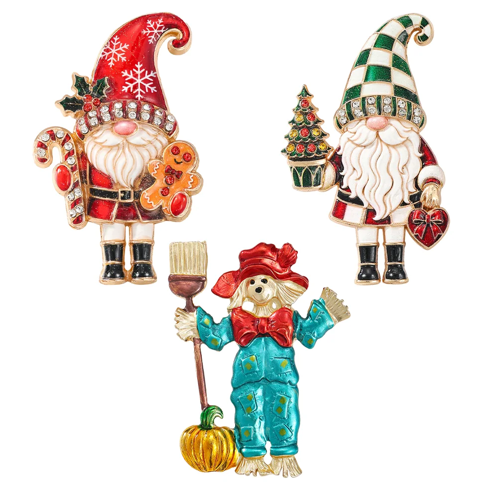 Christmas Gnome Enamel Brooch Crystal Gingerbread Man Candy Cane Lapel Pin Winter Holiday Costume Jewelry Gift for Women