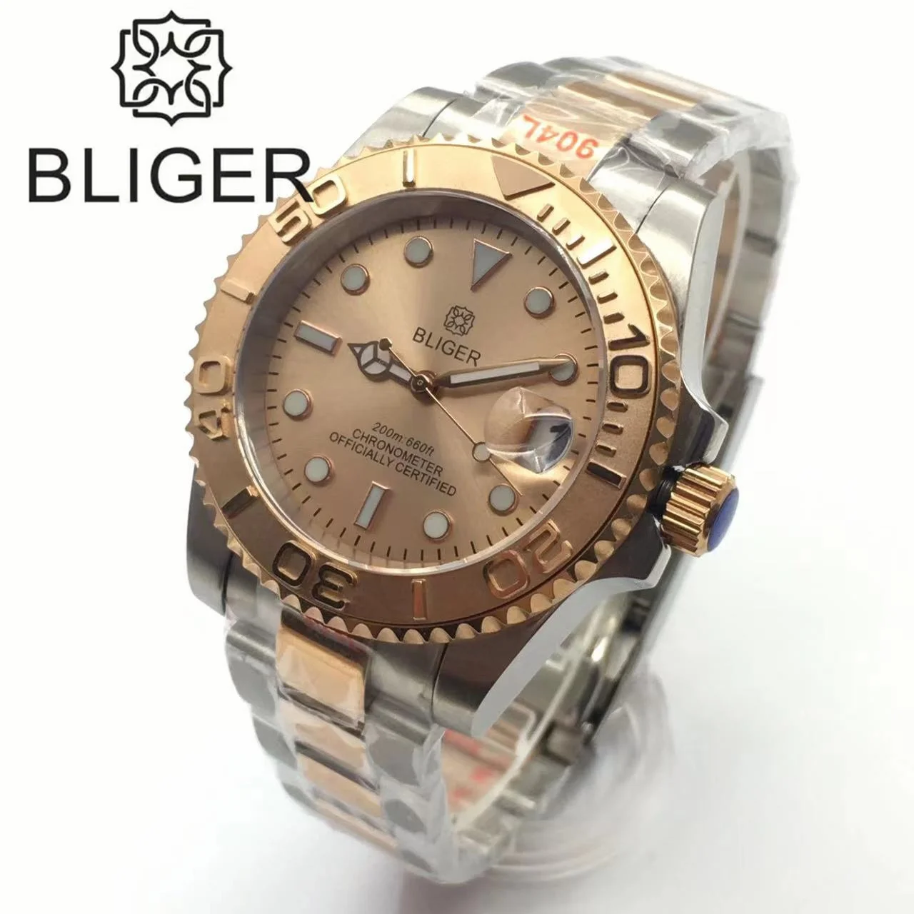 

BLIGER 40mm Waterproof Mechanical Men Watch Sapphire Glass NH35 Movement Rose Gold Dial Steel Bracelet Ceramic Bezel 3 o'clock