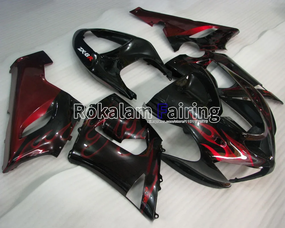 ZX-6R Fairings 2005 2006 For Kawasaki Red Flames Black Body Kit Ninja ZX6R 05 06 Cowling ZX 6R 636 (Injection molding)