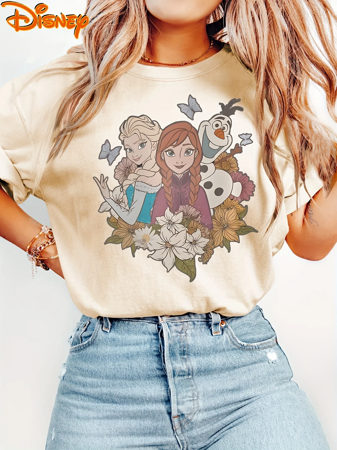 

Disney Anna Elsa Olaf from Frozen T Shirt Vintage Women's Men Cotton Tees O-Neck Casual Trendy Oversized Short Sleeve Streetwear