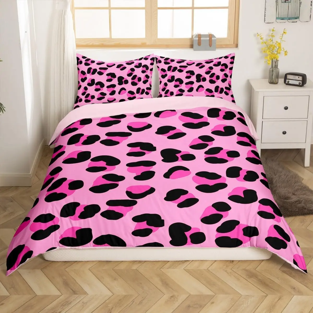Pink Black Leopard Print Bedding Set Single Size Cheetah Animal Theme Duvet Cover With 1 Pillowcase For Kids Teens 2
