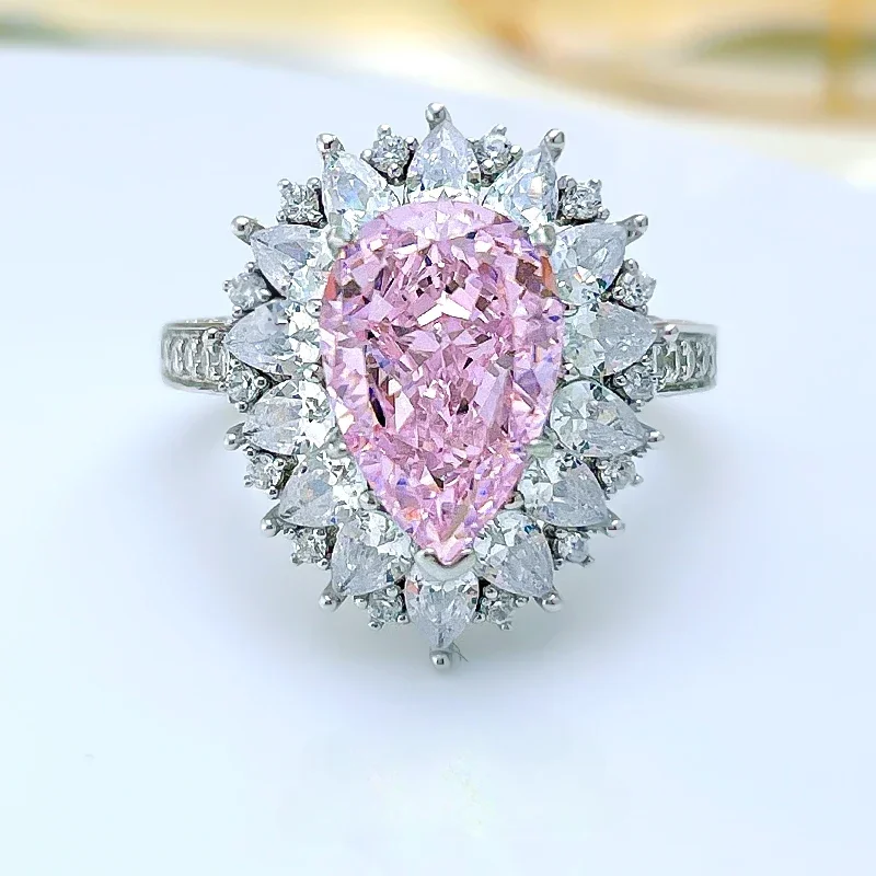 Light Luxury Sweet Pink Diamond Droplets 925 Silver Temperament Ring Set with High Carbon Diamond Wedding Jewelry
