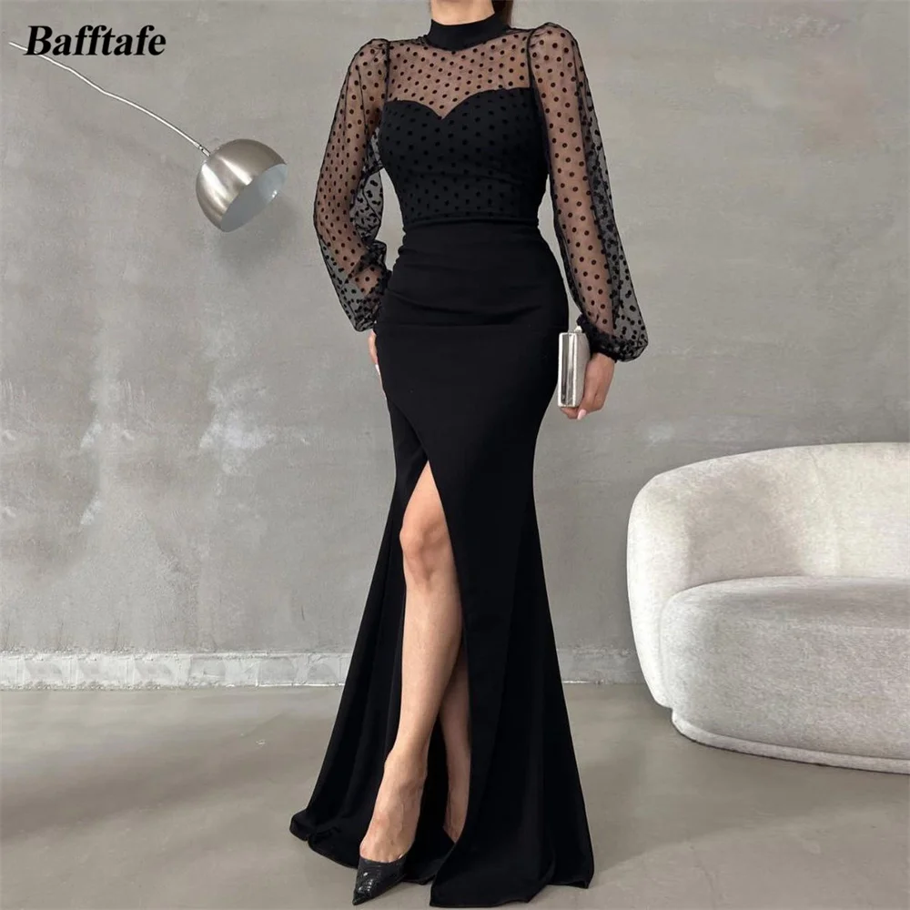 

Bafftafe Black Mermaid Matte Satin Korea Evening Dresses Leg Split Dotted Long Sleeves Women Formal Occasion Prom Party Gowns