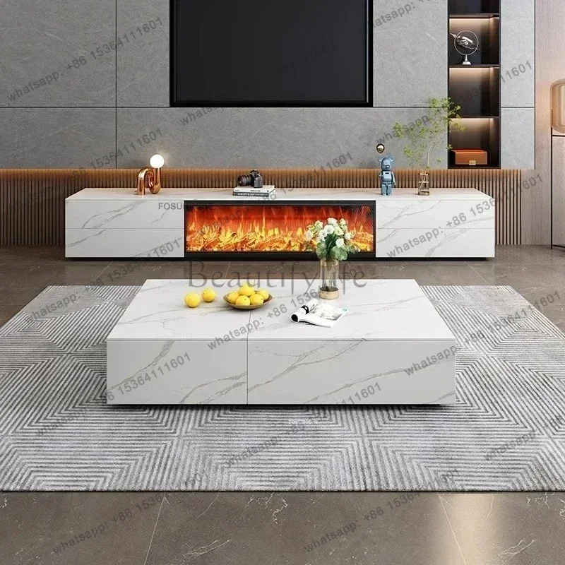 zj.Italian Fireplace Slate TV Stands Embedded Simulation Flame Electronic Fireplace Storage TV Cabinet Luxury Living Room Furnit