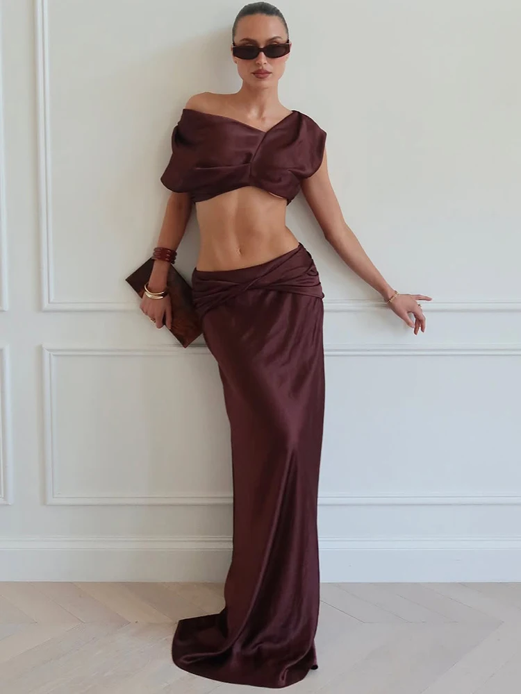 Mozision Women's Sexy Club Party Two-Piece Set Elegant Sleeveless Crop Top Maxi Skirt Matching Sets Female Ruched Two Piece Set