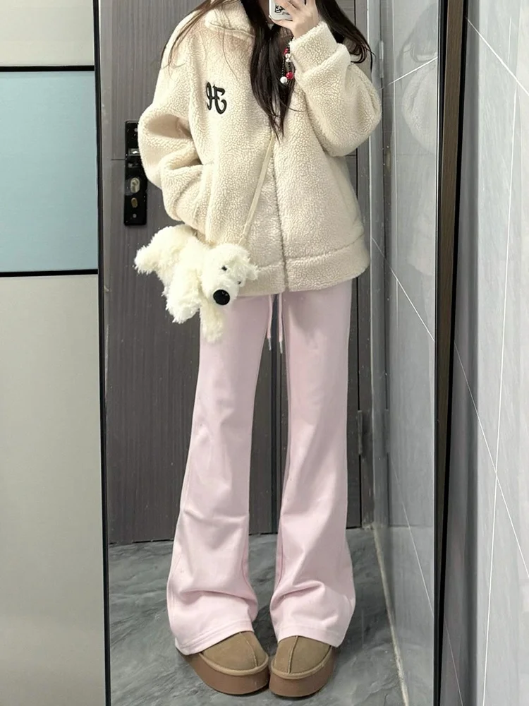 

Розовые расклешенные брюки для йоги на флисовой подкладке, женские утепленные повседневные спортивные брюки с высокой талией, длинные брюки из смеси полиэстера, хлопка и спандекса