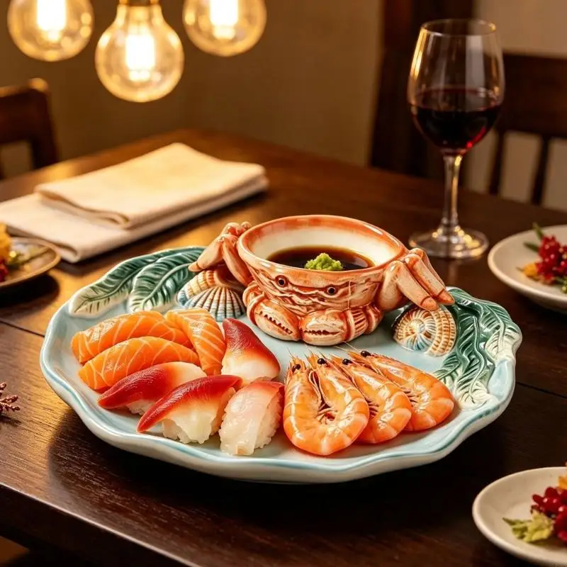 Smooth Coastal Serving Plate with Integrated Condiment Cup, Blue Decorative Theme for Dips, Appetizers and Small Courses 87HA