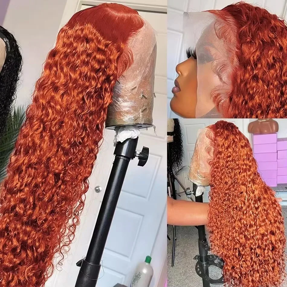 13x6 gengibre laranja perucas de cabelo humano pré arrancado encaracolado hd perucas frontais do laço onda profunda perucas dianteiras do laço # Remy brasileiro de 350 cores