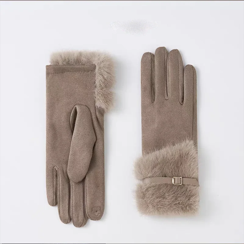 New Women Autumn and Winter Warm Gloves Korean Version Plush Fashionable Temperament Gloves Touch Screen Windproof Suede Gloves