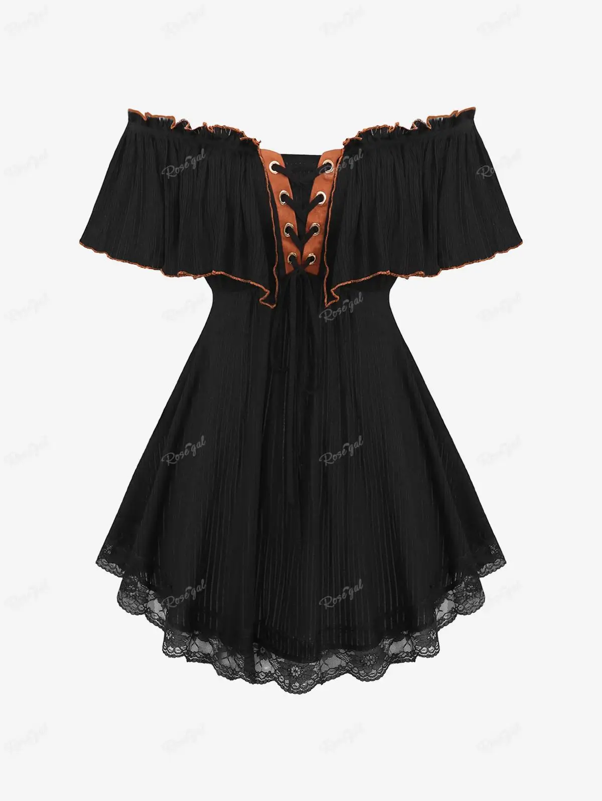 

ROSEGAL Plus Size Off The Shoulder Lace Up Textured T-Shirts Black Lace-trim Ruffles Panel Short Sleeves Top Women Casual Tees