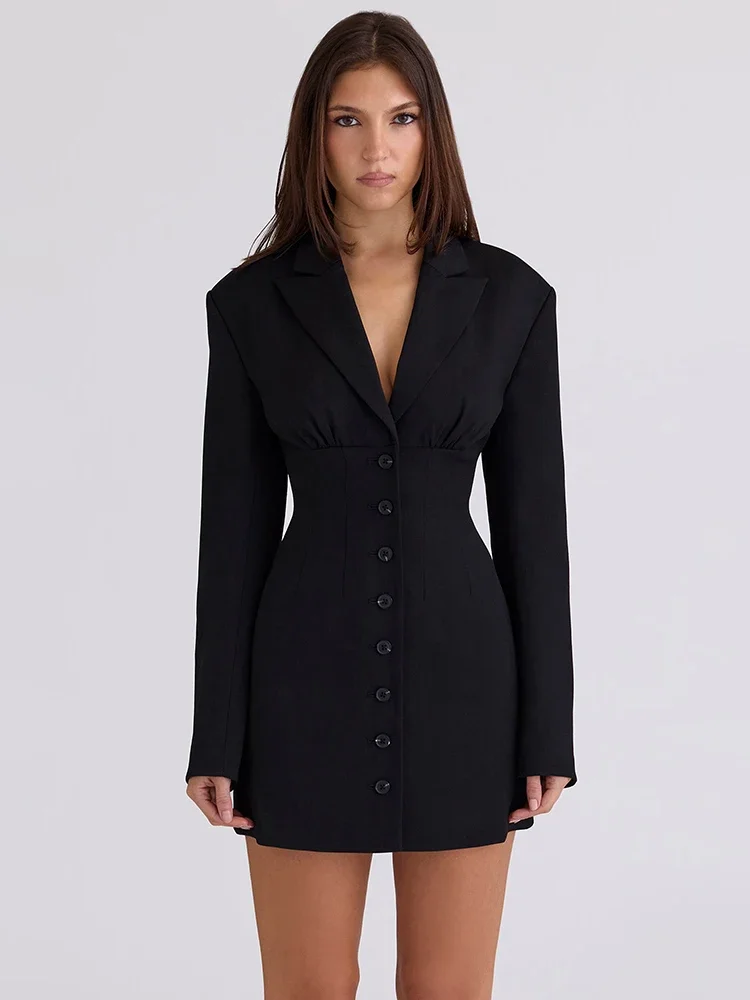 

Long Sleeve Single-breasted Sexy Blazer Dress Women Gown Elegant Black V Neck High Waist Club Party Dress Office Lady