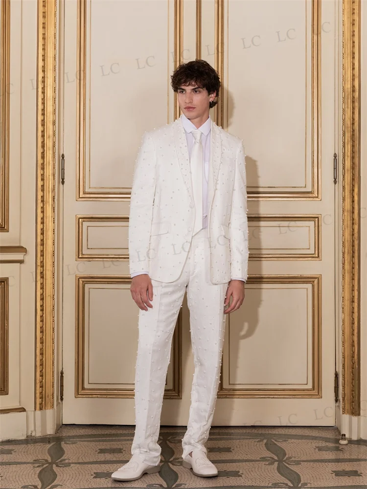 

Elegant 2 Pieces Lapel Pearls Blazer Pants Single Breasted Men Suits Tuxedo Fashion Prom Wedding Groom Plus Size Custom Made