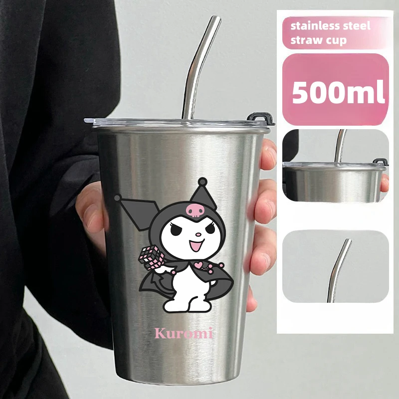 500ml Anime Hello Kitty Sanrios filiżanka kawy ze słomką pokrywka Kawaii Kuromi Melody Hangyodon szczelna butelka na wodę ze stali nierdzewnej