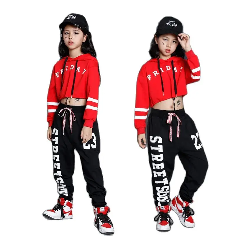 Korean Big Girls Streetwear Fashion 2018 Kids Sport suit Girls Black Letter Print Pant + Red Hoodie Two Piece Set Dance Costumes