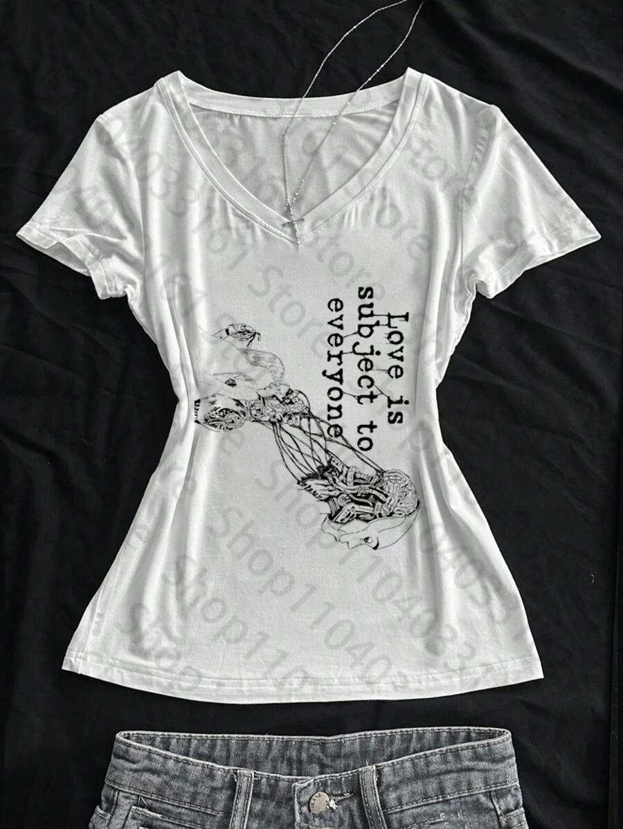 เสื้อยืดพิมพ์ลายสไตล์ฮาราจูกุยุค 2000 สำหรับผู้หญิง ทรงเข้ารูป สไตล์วายทูเค เรโทร กอธิค คาวาอี้