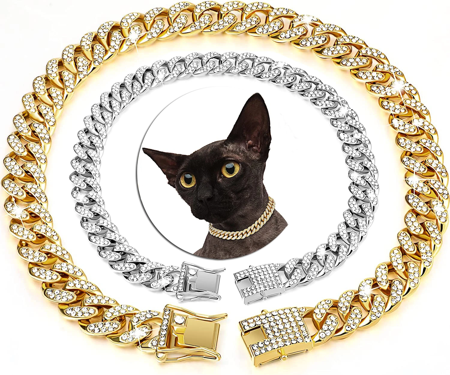 Collar de gato de enlace cubano de lujo, joyería, Collar de diamantes de imitación, cadena de oro para gato, accesorios de disfraz para fiesta de graduación y boda para gatos y cachorros
