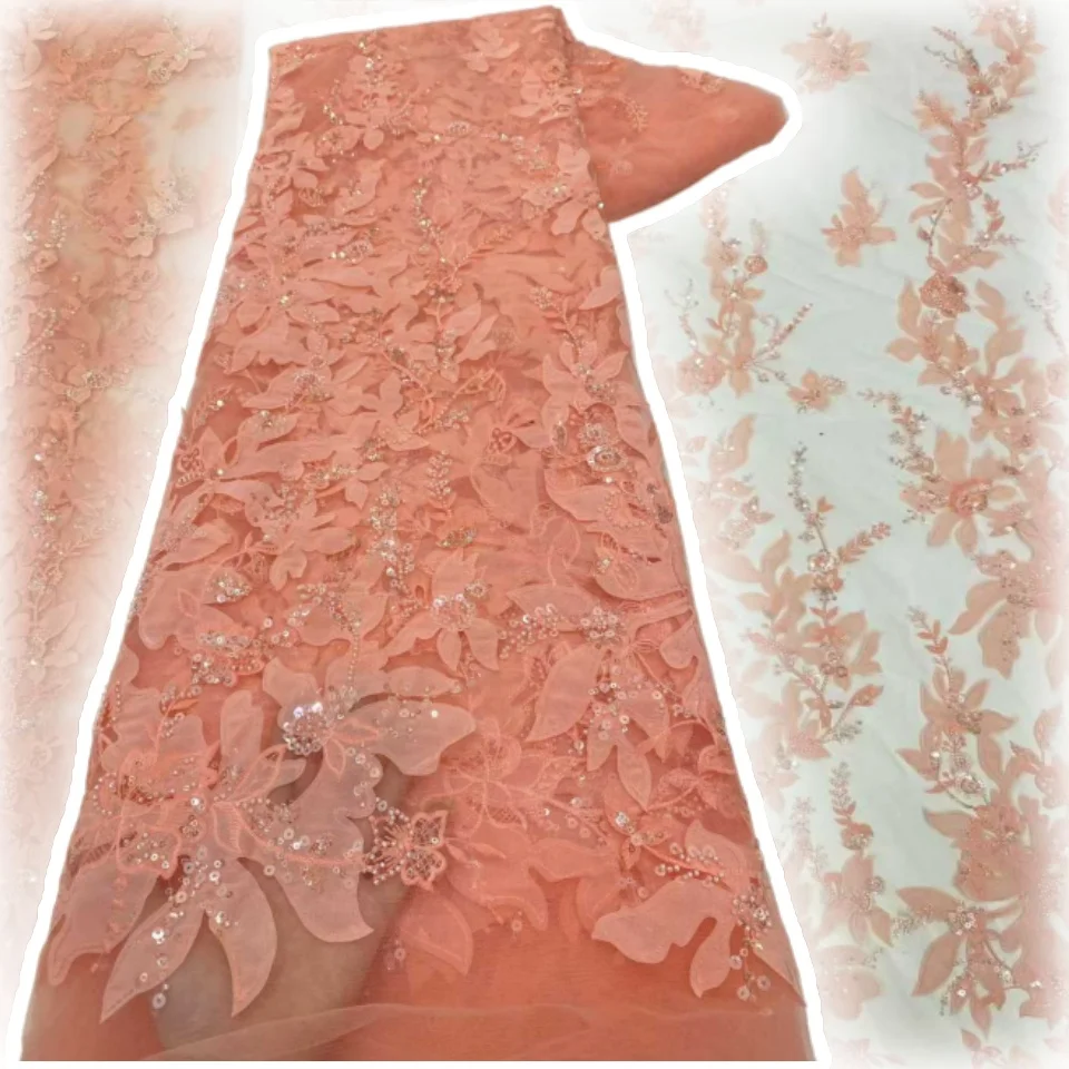 Kain Renda Afrika Berkualitas Tinggi untuk Pengantin Nigeria, Payet Bordir Manik-Manik, Kain Renda Tulle Prancis untuk Pernikahan 5Y SZ1488