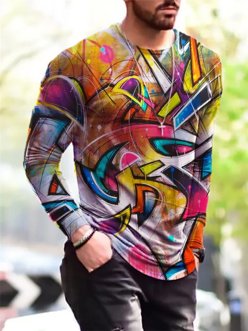 موضة متعدد الألوان براءات الاختراع والجلود ثلاثية الأبعاد تي شيرت مطبوع الخريف الاتجاه جديد الشارع تنفس Harajuku عادية رجالي كم طويل تي شيرت #4