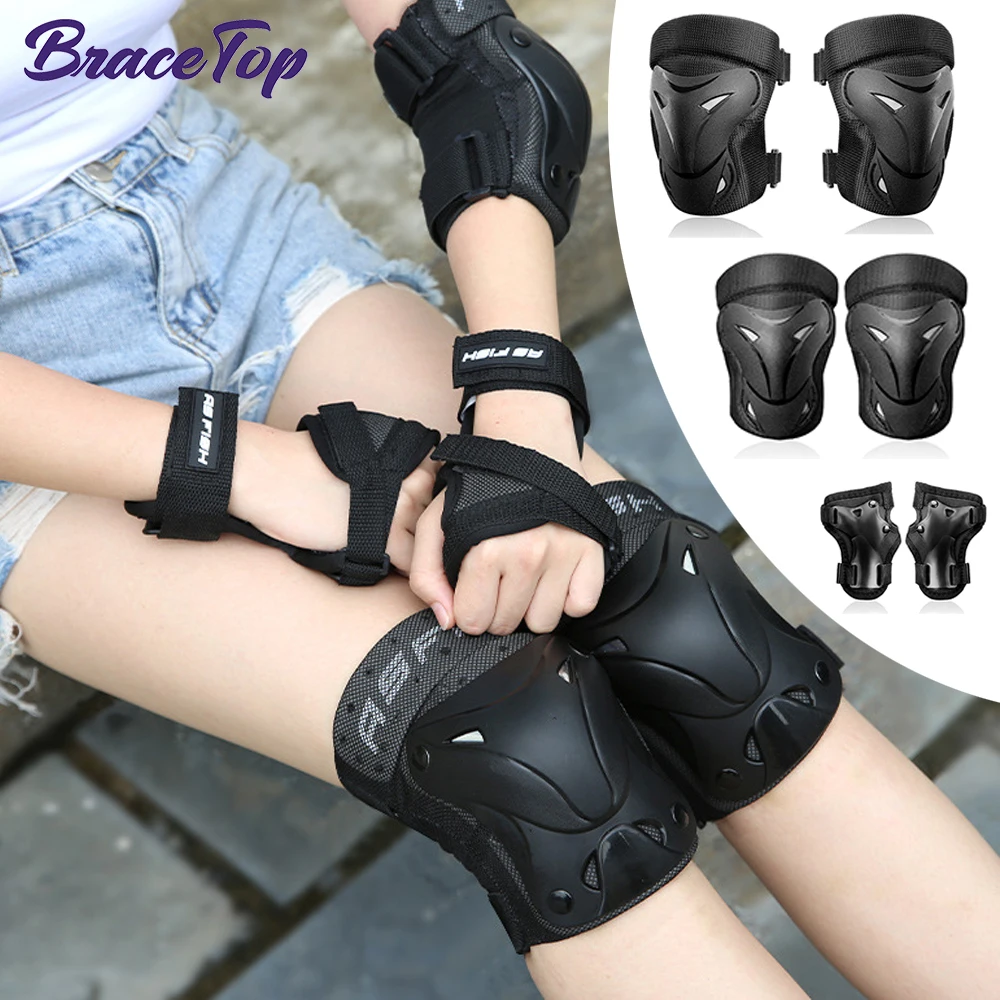 BraceTop 6Pcs/Set Kids/Adults Protective Gear Knee Pads Elbow Pads Set with Wrist Guards for Skateboard Cycling Skating Scooter