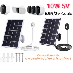 10W 5V Camera Solar Panel Charger 9.8Ft/3M Cable Solar Panel Kit 360°Adjustable Wall Mount for Arlo Ultra for Arlo Pro 5S/4/3