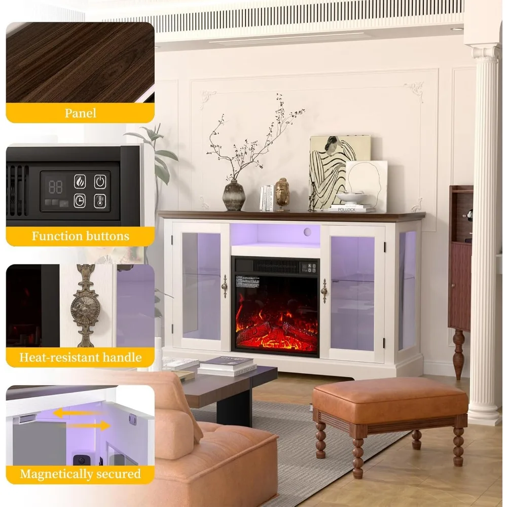 Caminetto Elettrico con LED, Caminetto Elettrico Supporto TV con Porte in Vetro e Shlef Regolabile, Camino Media Cons