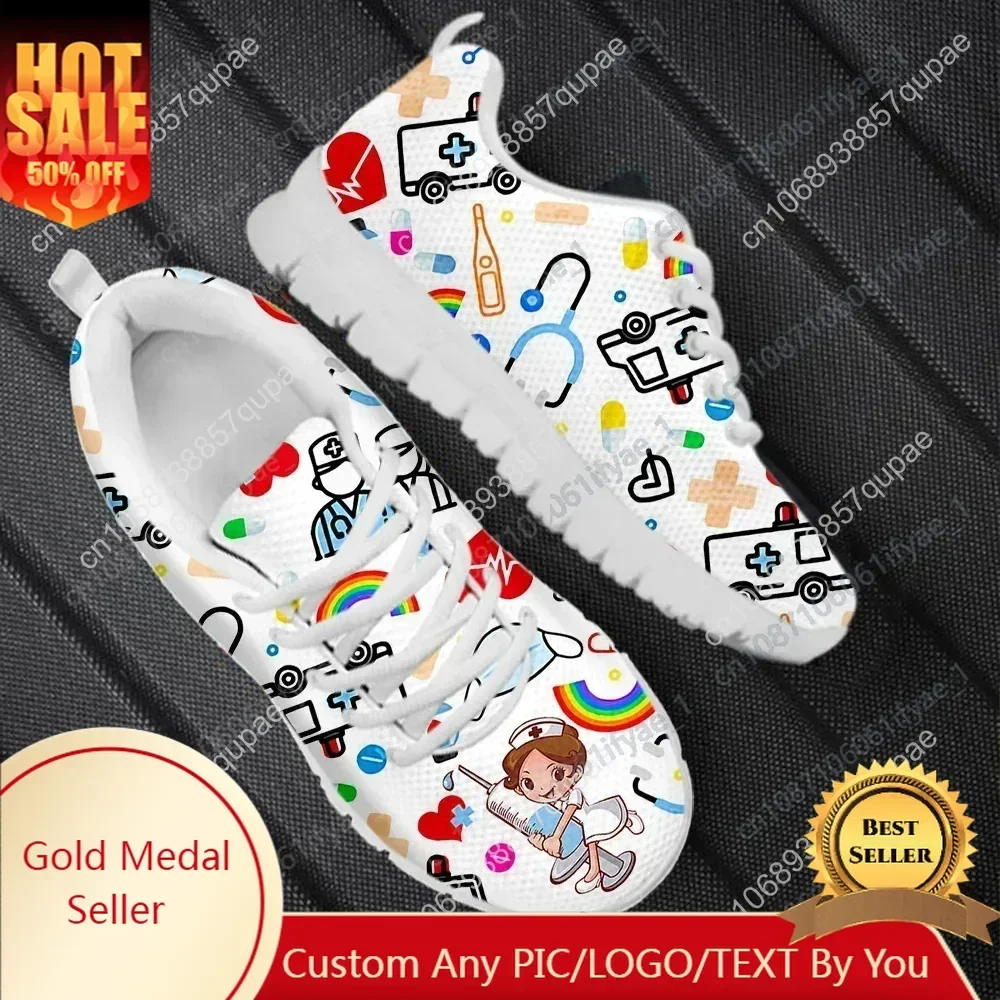 

2024 New Nurse Shoes Classic Cartoon Nurse Girls Ambulance ECG Medical Pattern Lace-up Sneakers Outdoor Footwear Hot