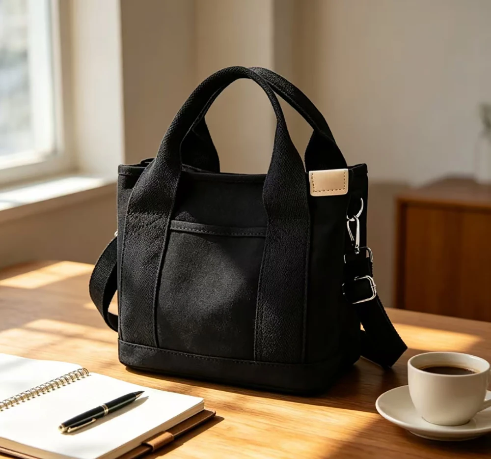 5pcs Shoulder Bags Solid Black Canvas For Women Multi Cross Commute Tote Lightweight Student Handbag