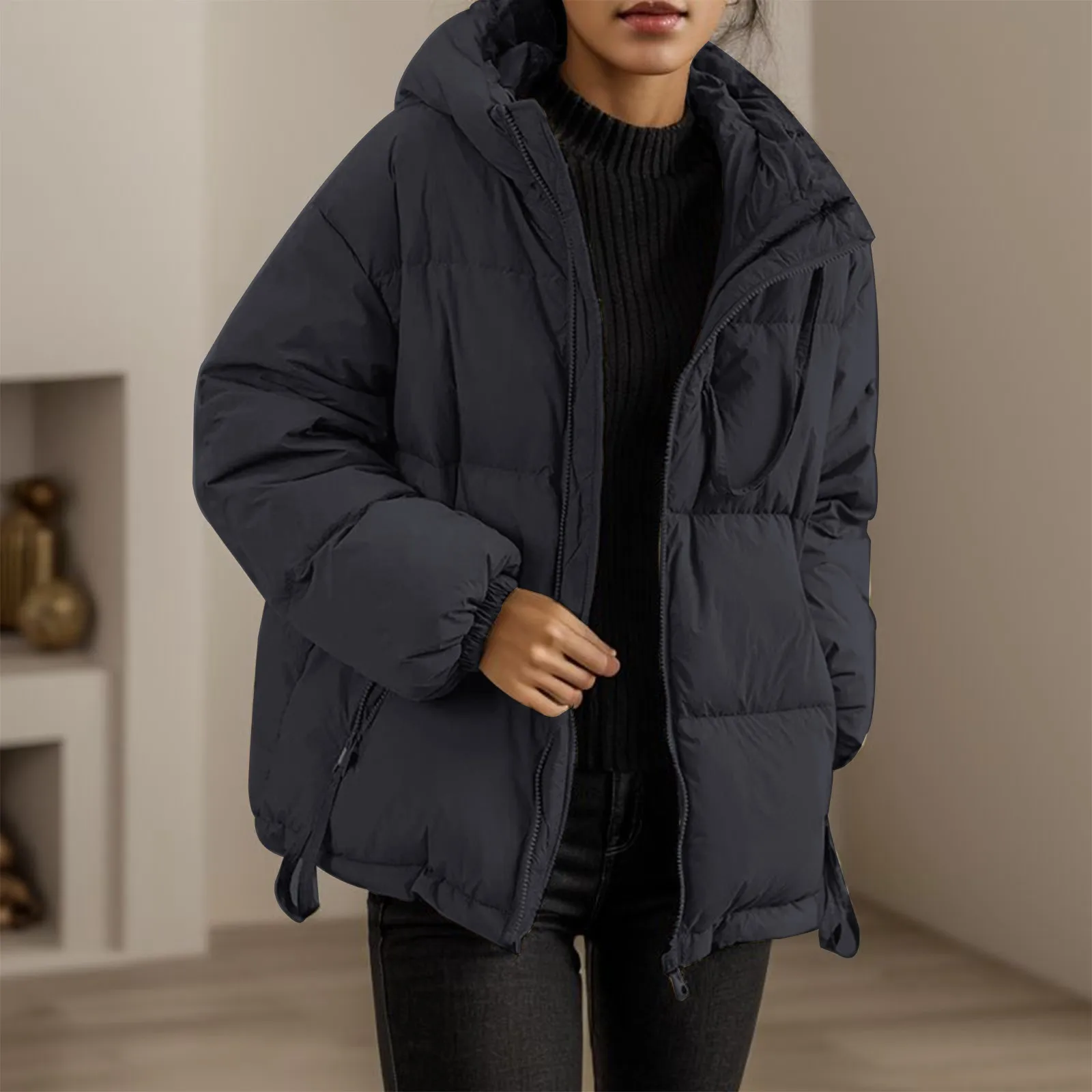 Cappotto imbottito in cotone di media lunghezza con cappuccio antivento alla moda e confortevole 2024 donna invernale addensato caldo