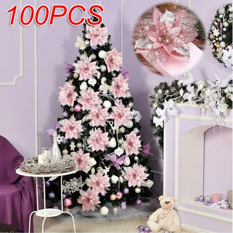 5pcs Christmas Flowers Glitter Artificial Poinsettia Floral Xmas Tree Ornaments DIY Garlands Home Wedding Party Decorations Gift