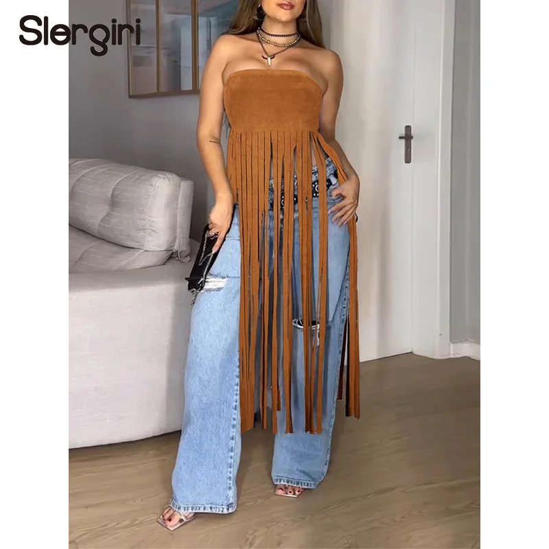 Slergiri Sexy Vacation Suede Strapless Top Women Fashion New 2026 Summer Solid Color Boho Tassel Long Tops Female Clothing
