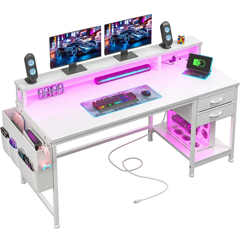 

40"W Computer Desk With LED Strip & 2 Drawers & Storage Bag Standing Desk With Power Outlets & Monitor Stand