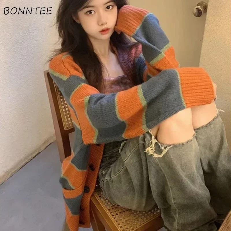 

Striped Knitted Cardigan Women Loose Vintage Warm Coat Lazy Streetwear All-match Soft Autumn Winter Sweater Ulzzang Popular Cozy