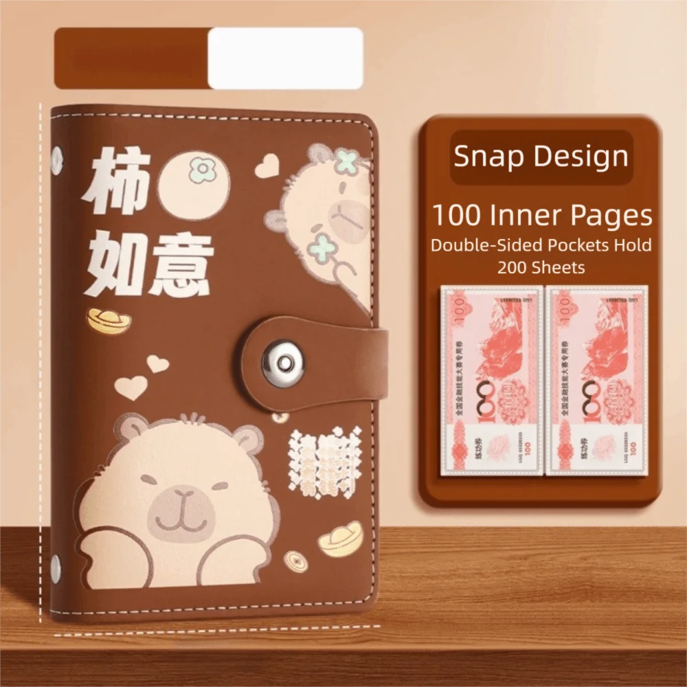 Cartoon Capybara Saving Money Binder PU Leather 100 Sheets Budget Binder with Lock with Password Lock Cash Envelopes