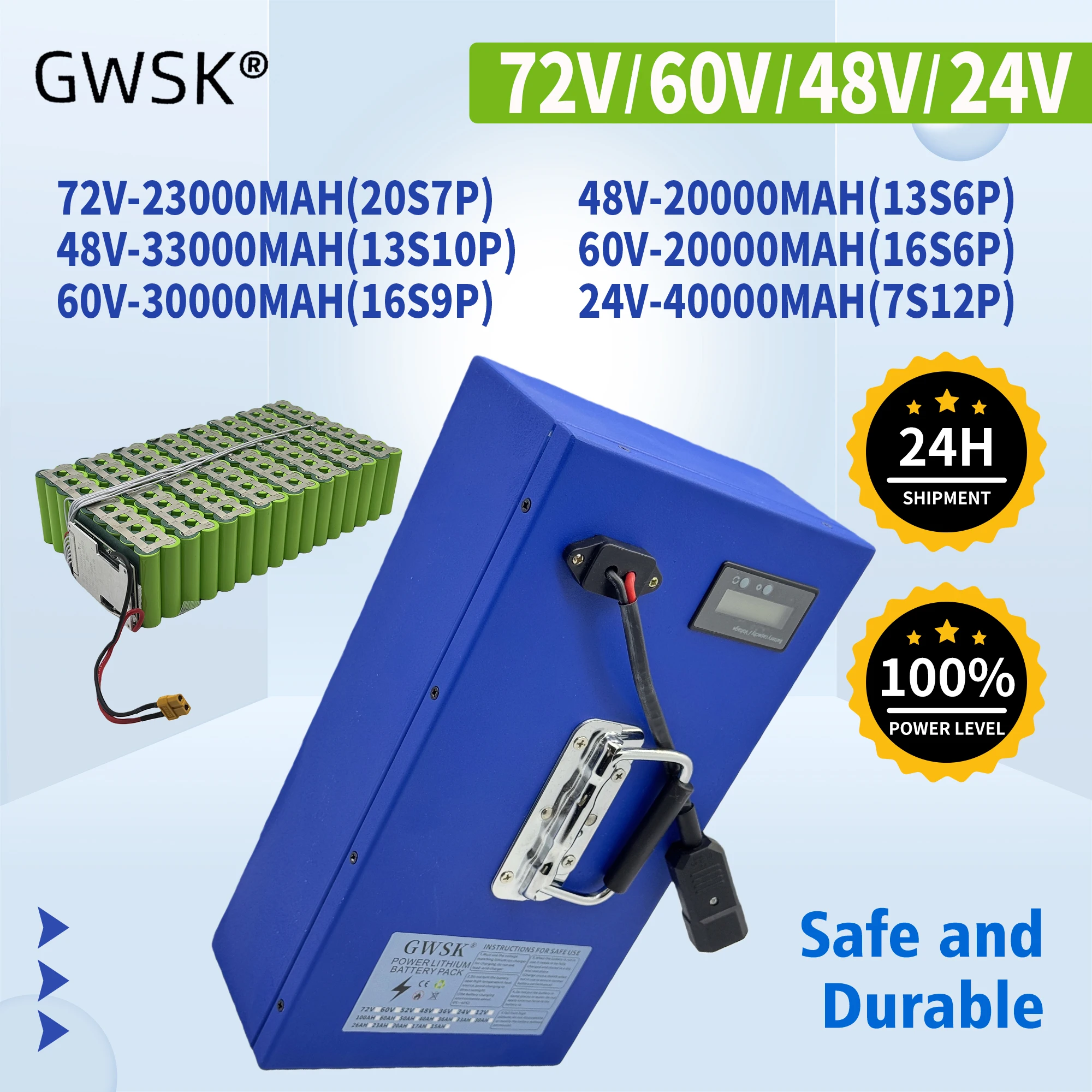 

Air transportation, 100% full capacity 18650 lithium battery, 72V60V48V24V lithium battery pack suitable for 250-3000W