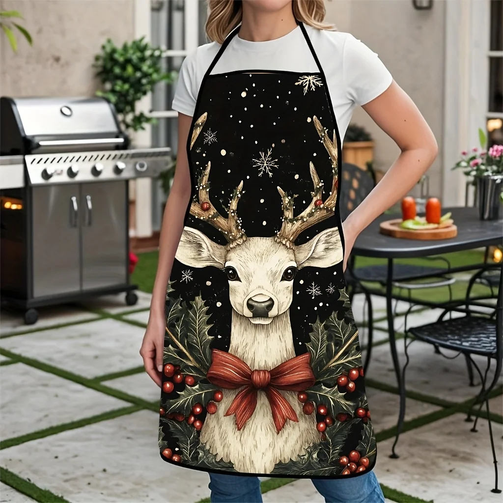 Cute Deer Christmas Baking Apron Reusable Kitchen Apron Holiday Woodland Animal Print Cooking Apron Gift
