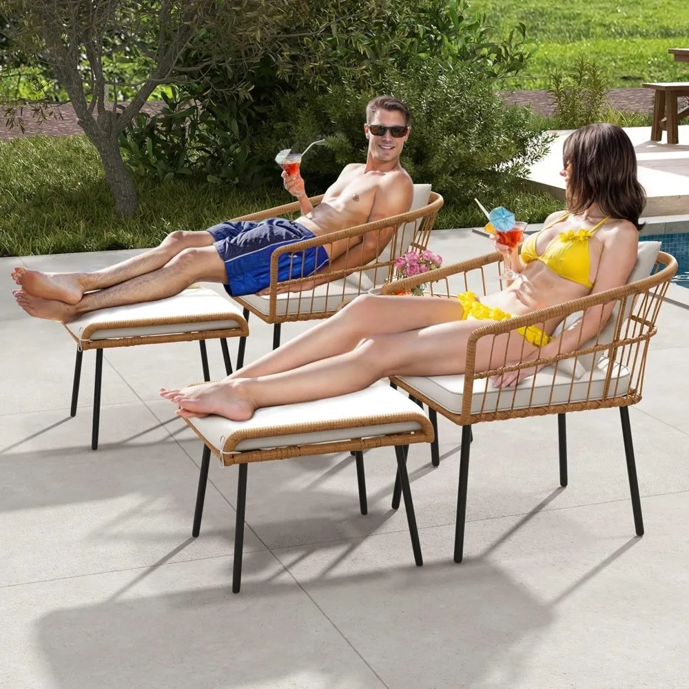 5 Piece Patio Bistro Set, Outdoor Wicker Conversation Set with Ottomans and Side Table, All-Weather Durable Rattan Furniture