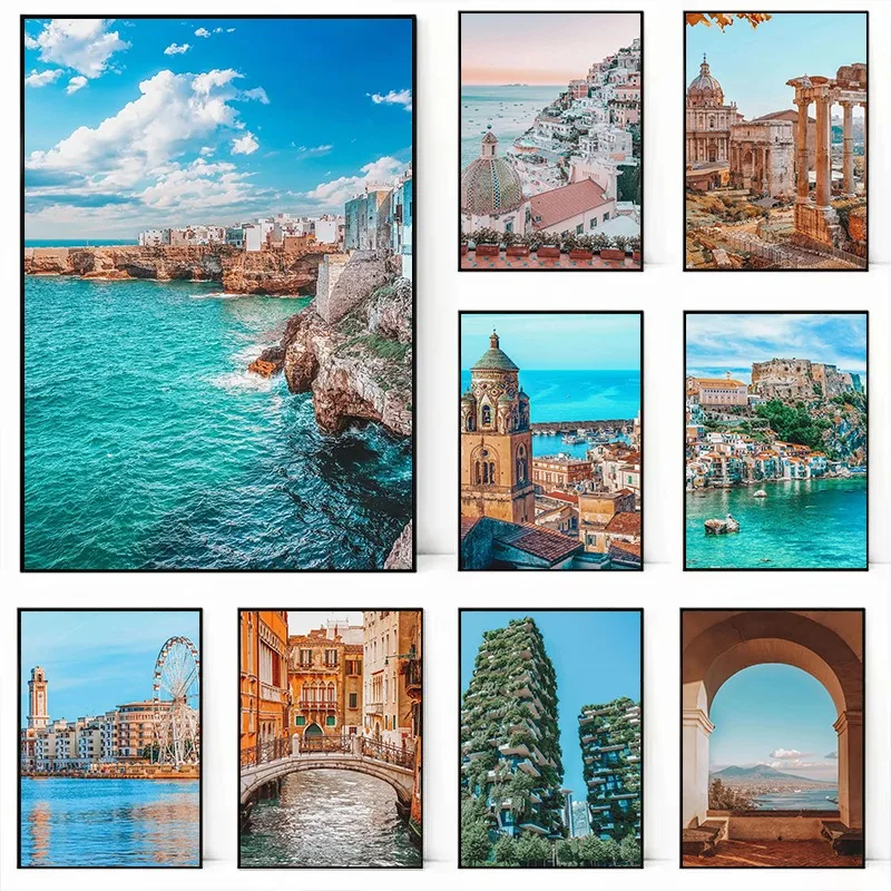 1pc frameless Canvas Painting Colorful Italian Cityscape Canvas Print Poster Venice Milan Florence Naples Street View Art Vibran