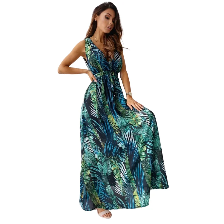 

Summer New Printed Dress Resort Style Deep V Neck Sleeveless Long Skirt 2024 Women Fashion Elegant Lace-up Dress Beach Party