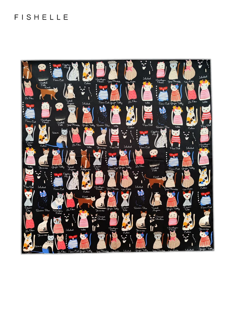 New black cat cartoon printed natural silk scarf female head scarfs real silk square hijab scarves ladies spring summer shawl